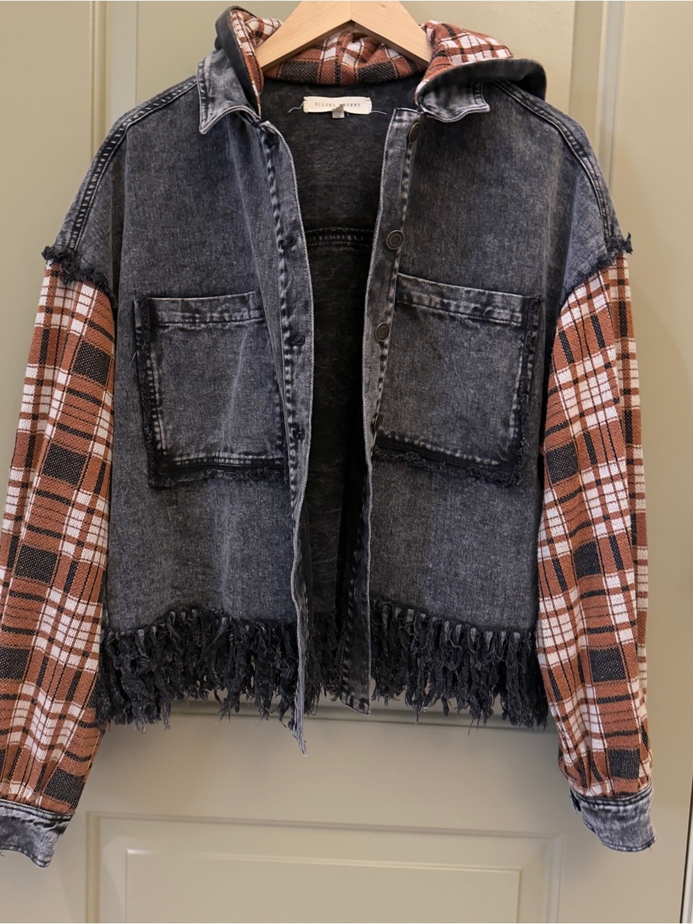 Gilded Intent Black Washed Denim Jacket with Brown Plaid Sleeves